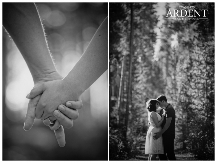 Bride and groom holding hands and posing for a portrait in the forest